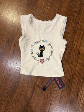 ROMWE White Ribbed Tank with Black Brand Tag